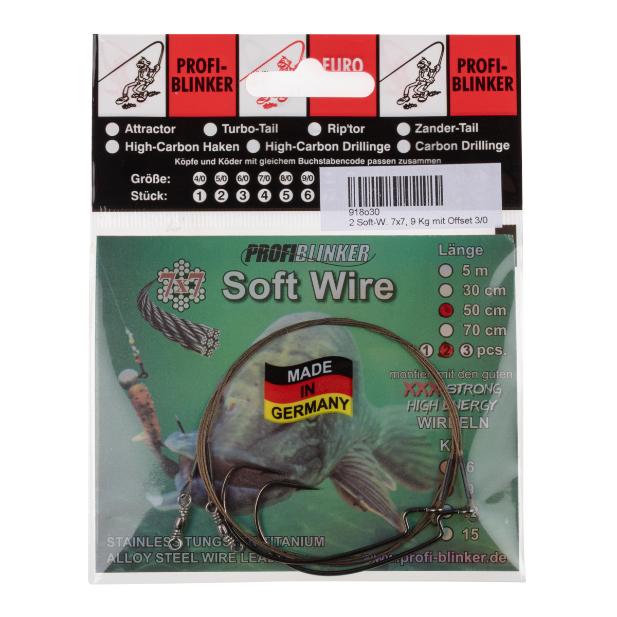 ProfiBlinker Soft-Wire Montage 7x7 mit Offset Haken Größe 3/0 / 50cm / Tragkraft 9kg / 2er Pack